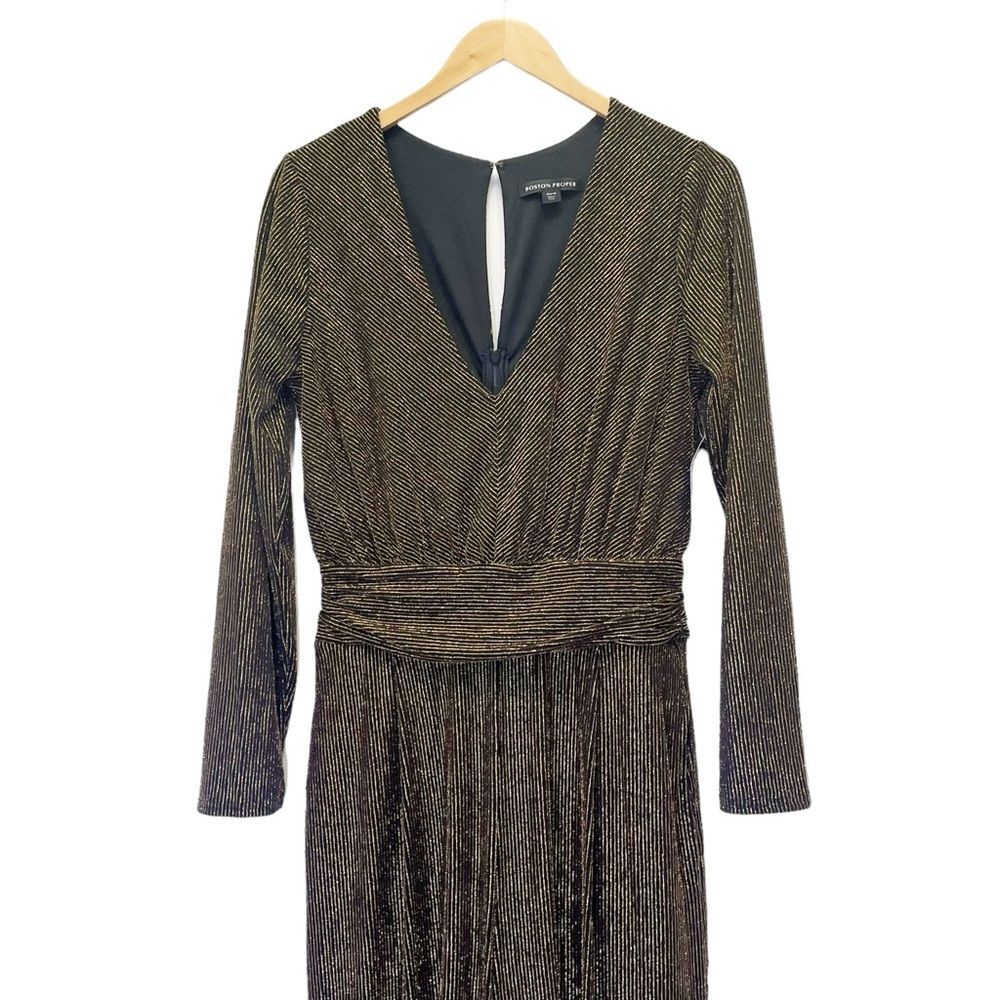 NWT Boston Proper Metallic Jumpsuit Medium Black Gold Wide Leg V Neck Party - Picture 7 of 16
